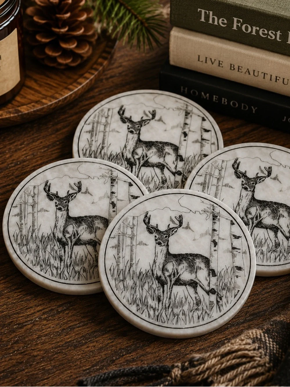Vintage Stone Marble Coasters Set of 4 Etched Deer Woodland Cabin Lodge Decor